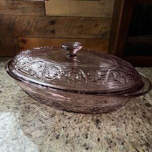 Vintage Anchor Hocking Amethyst Avalon Floral Glass Casserole Dish